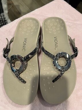 Vionic Women's Taupe Footbed Sandals with Silver Ring & Snake-Print Straps